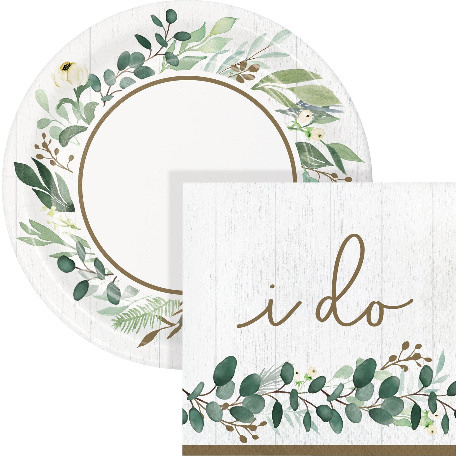 Eucalyptus plate and napkin with "i do" written on the napkin