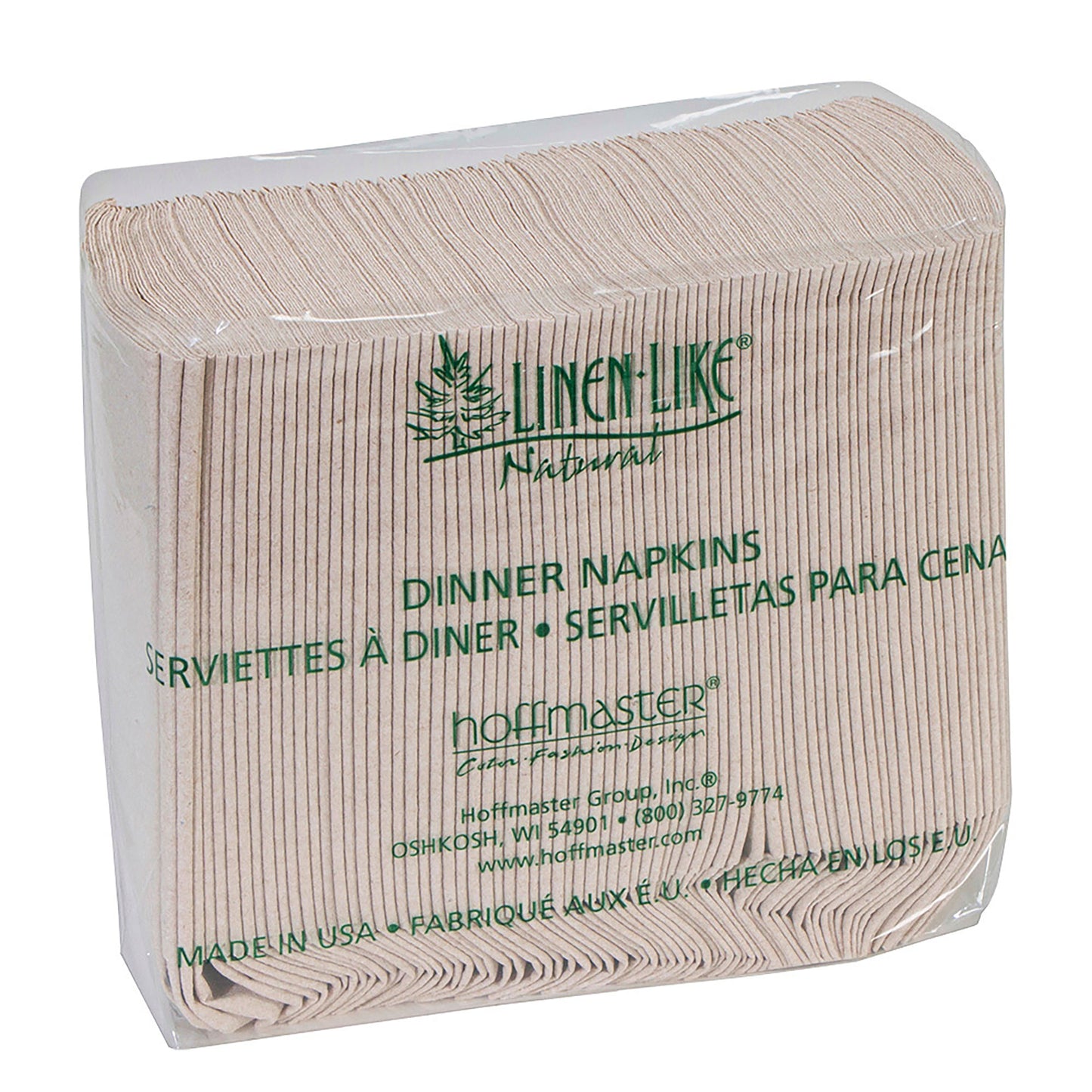 Pack of Hoffmaster dinner napkins with 'Linen-Like Natural' branding on a white background