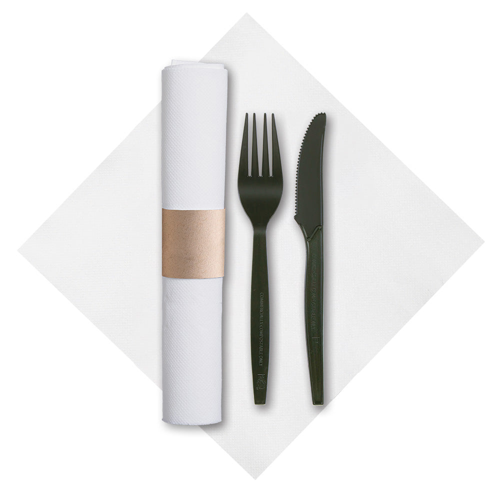7.75" x 7.75" Pre-rolled FashnPoint CaterWrap White Dinner Napkins Black Knife and Fork 50 ct
