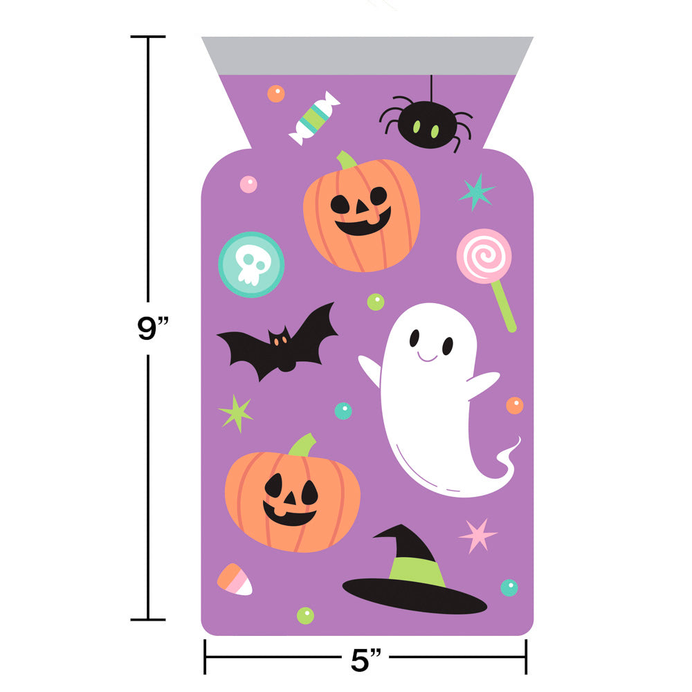 Halloween Characters Party Favor Bags 144 ct. Halloween-themed product packaging with pumpkins, ghosts, and candy on a purple background, with measurements indicated.