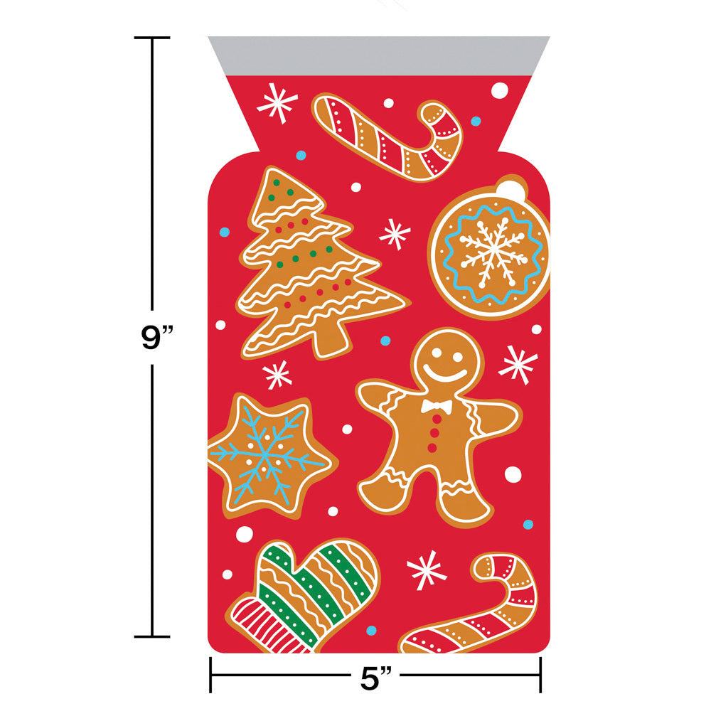 Red cellophane bag with Christmas-themed cookies with a red background. Measurements shown.