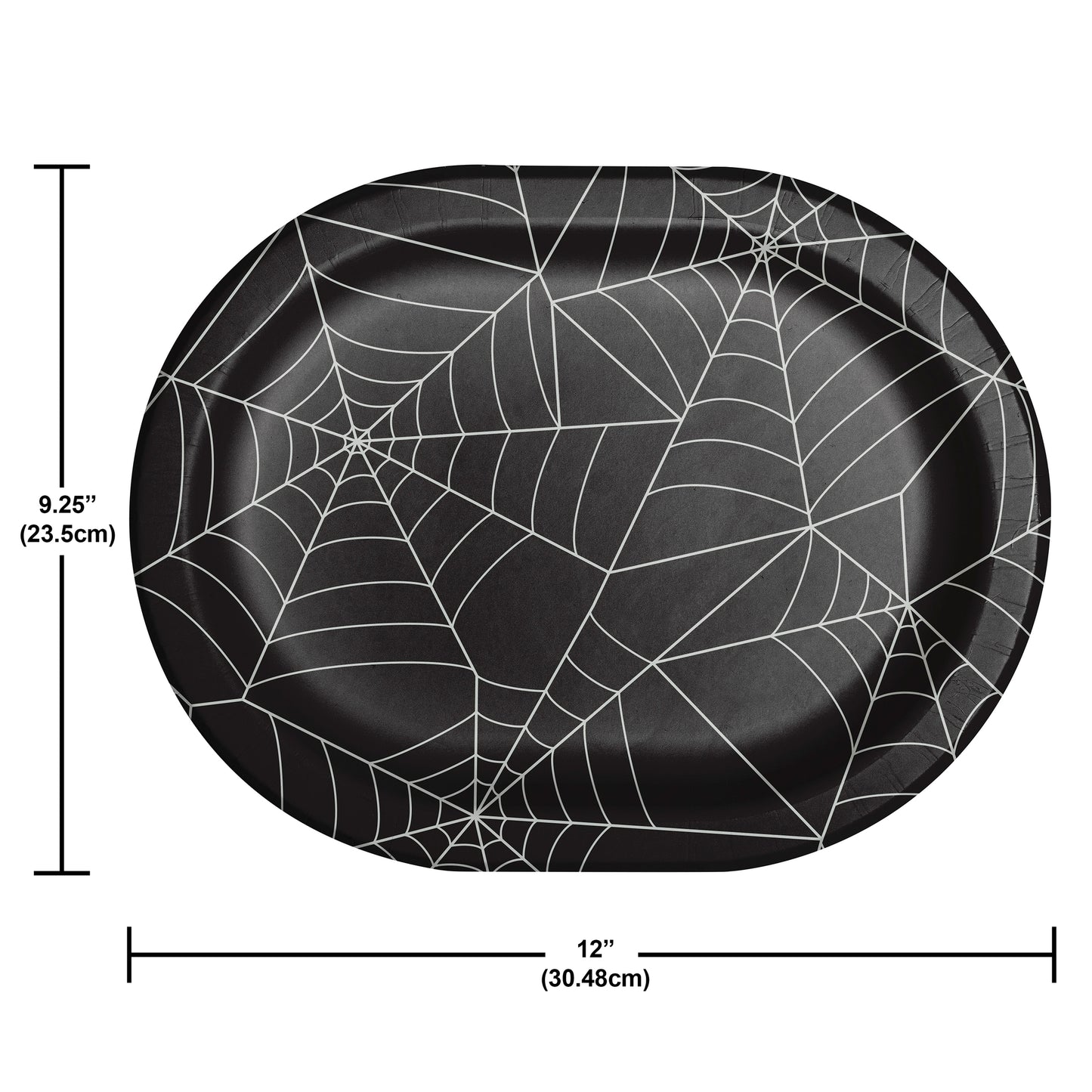 Creepy Characters Halloween Spider Webs Oval Dinner Plates 96 ct. Black paper plate with spider web pattern and measurements on a white background
