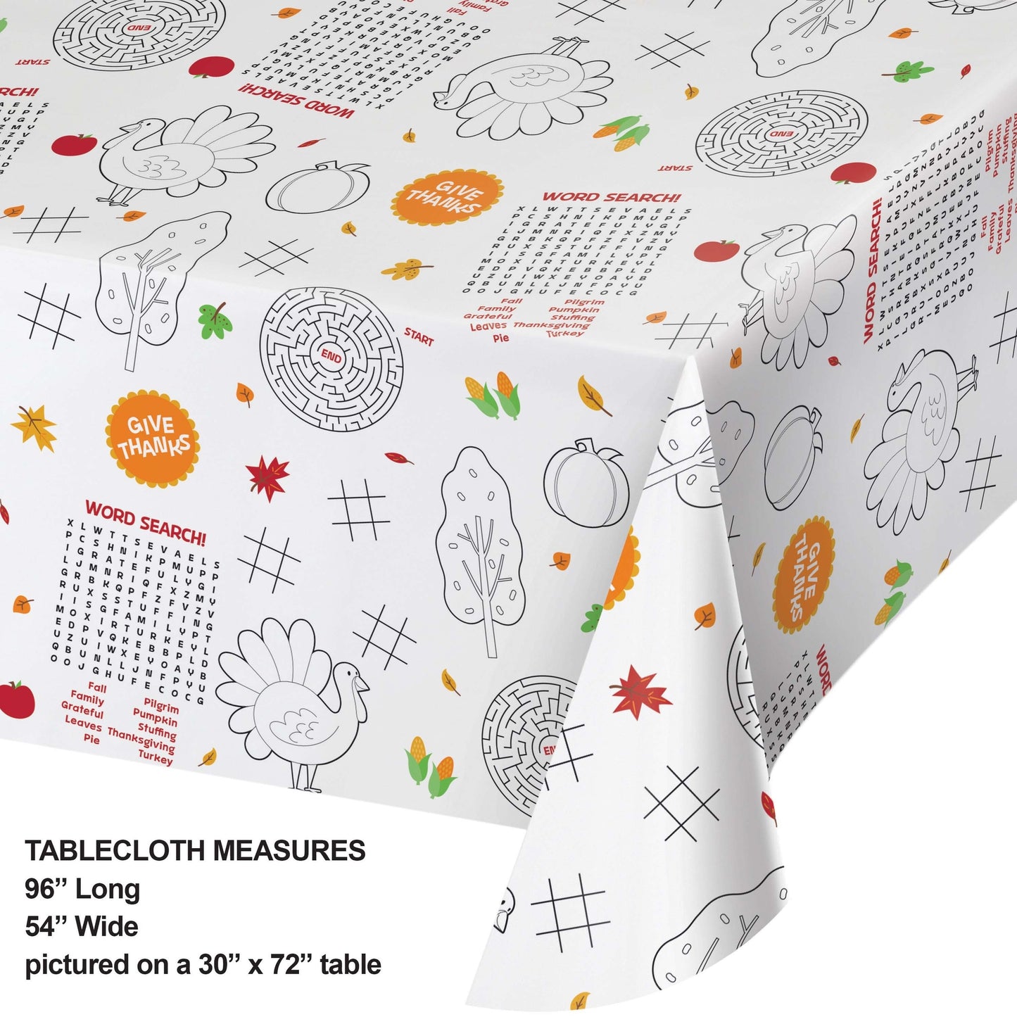 Kids Thanksgiving Activities Paper Tablecloths 12 ct. Thanksgiving-themed tablecloth with patterns and text on a white background. Dimensions are included
