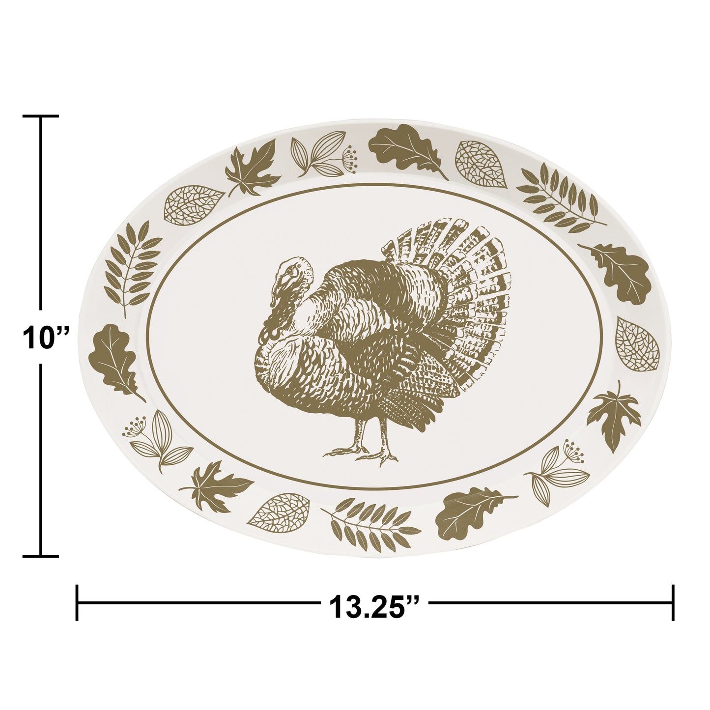 Thanksgiving Turkey Plastic Trays 12 ct. Oval plastic tray with a turkey design and leaf patterns, with dimensions indicated.