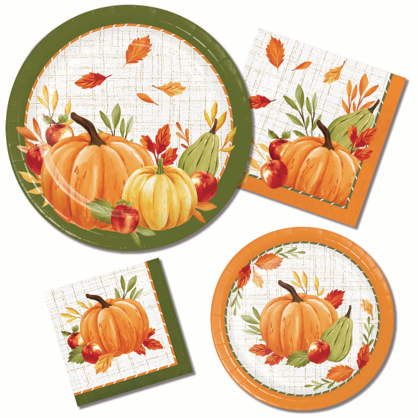 Fall harvest party tableware set including round paper plates and square paper napkins, all printed with orange pumpkins, red apples, green gourd, and autumn leaves on a white textured background.
