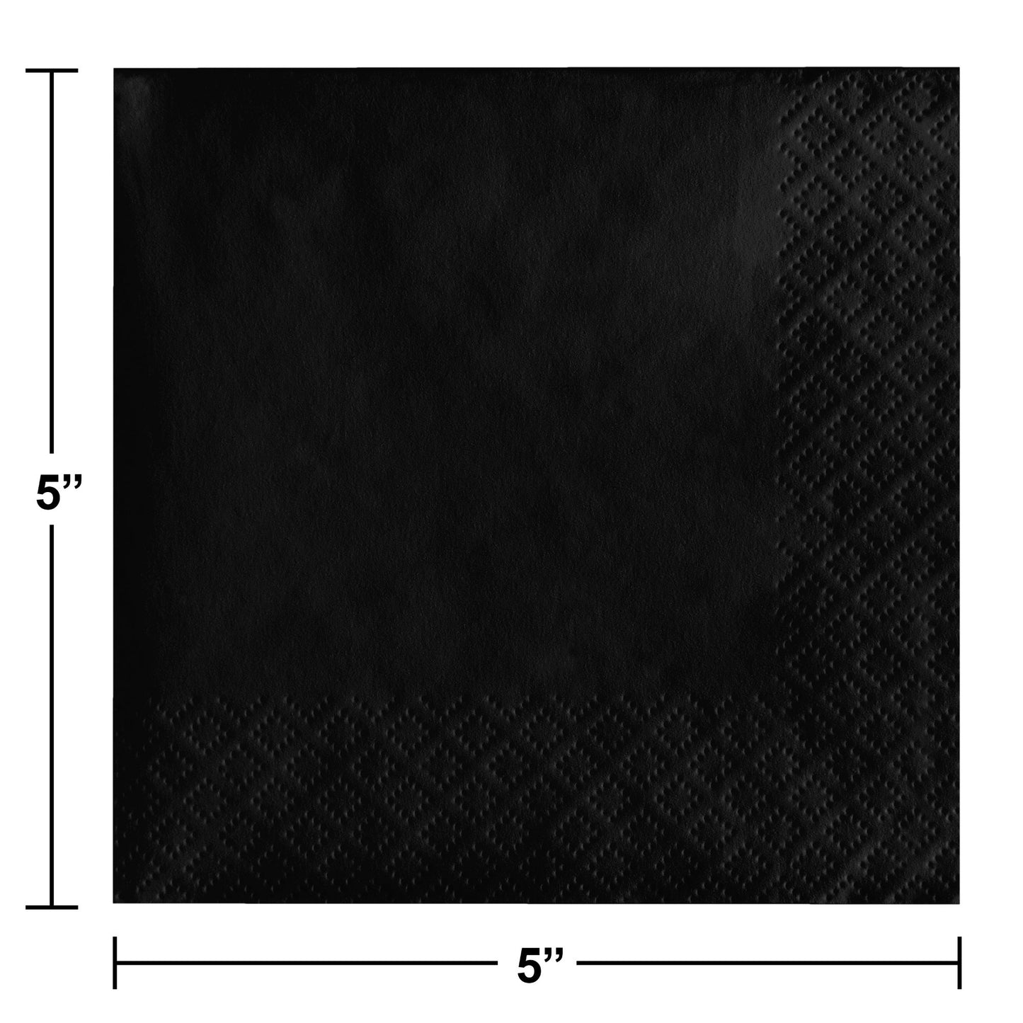 Black napkin with dimensions labeled as 5x5 inches.