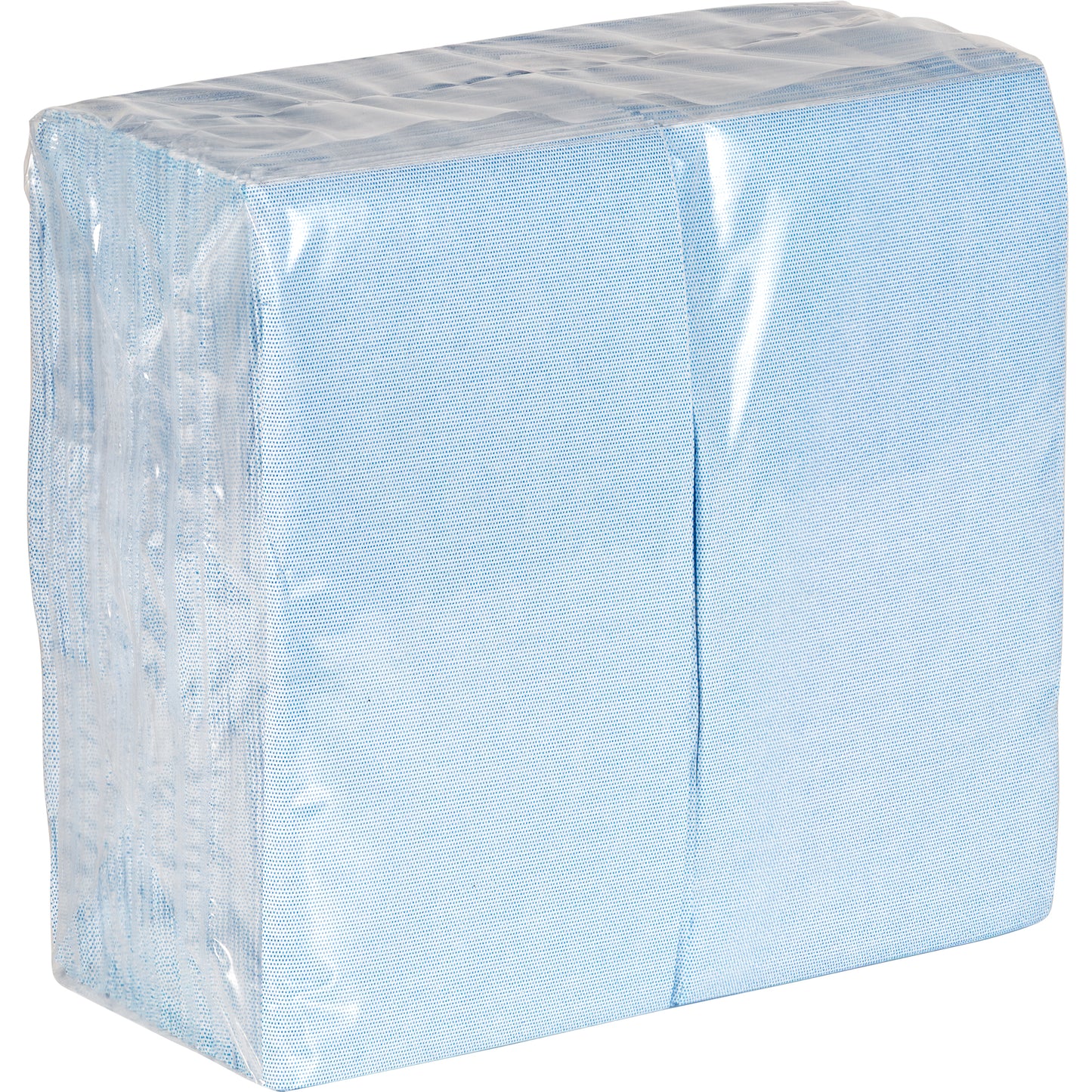 Pack of light blue napkins in clear packaging on a white background