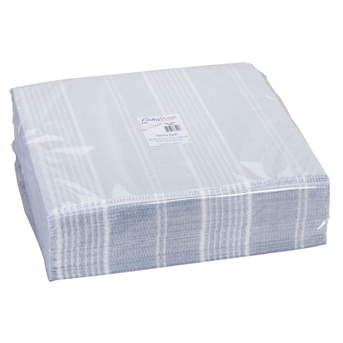 Stack of blue and grey flat pack dinner napkins with a visible brand label on a white background