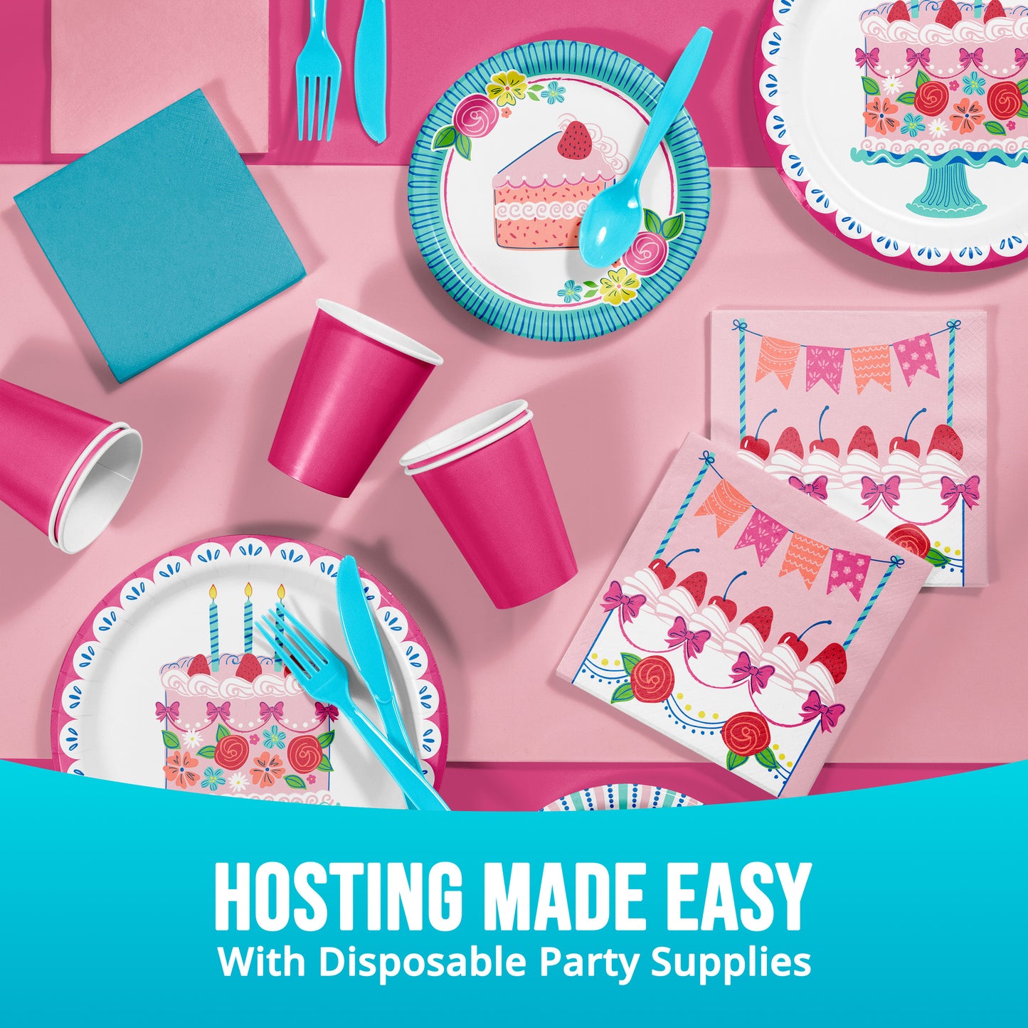 Disposable party supplies including plates, cups, and napkins with a pink background and text 'Hosting Made Easy with Disposable Party Supplies'.