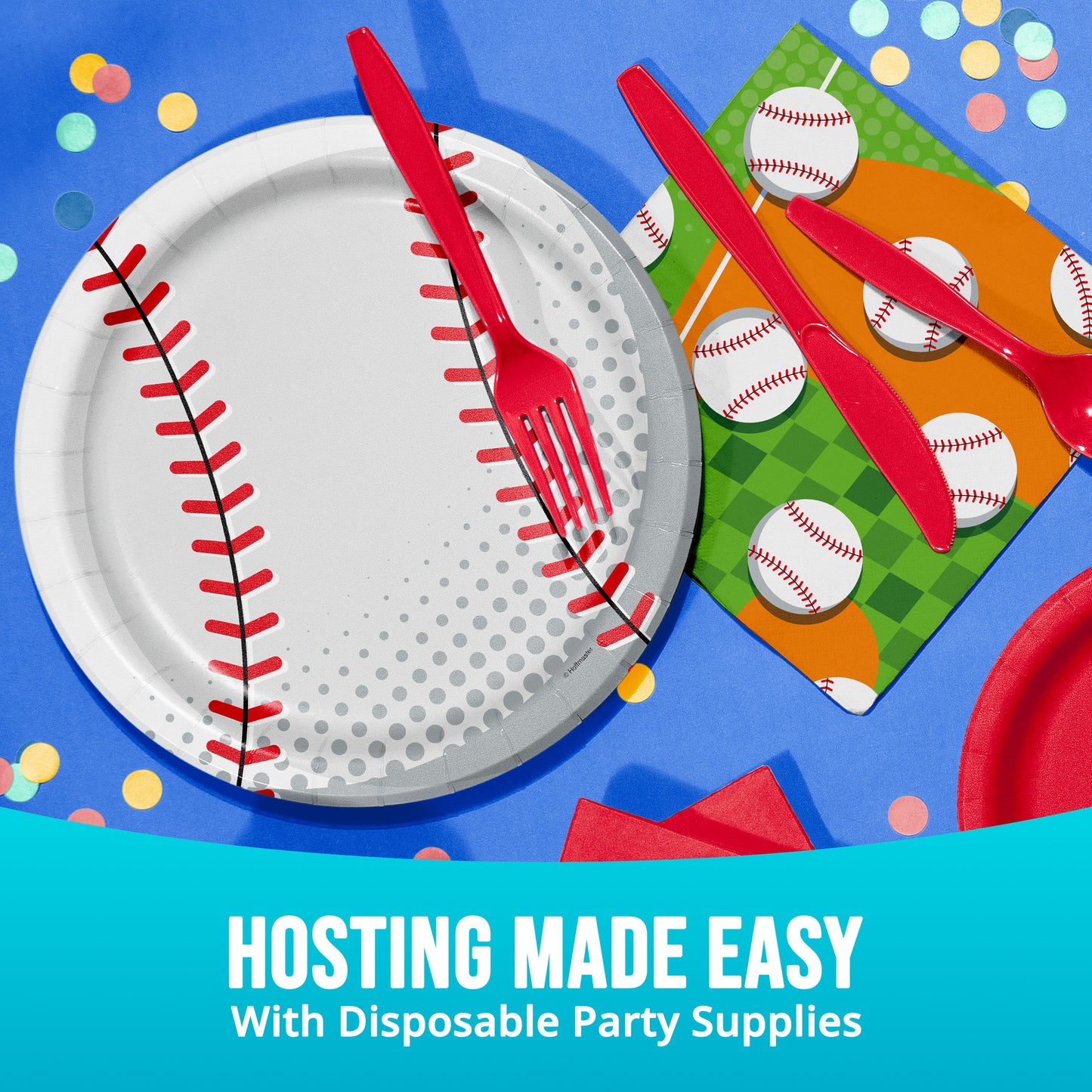 Baseball-themed disposable party supplies including plates, cutlery, and napkins on a blue background with confetti.