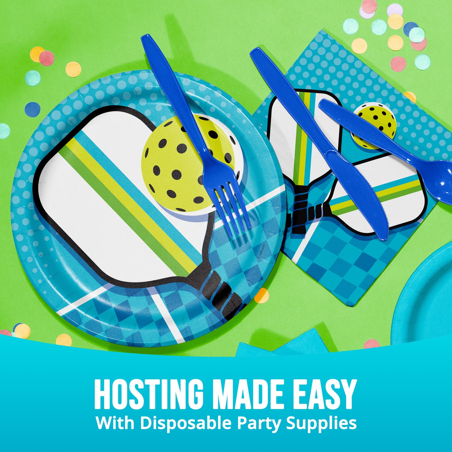 Disposable party supplies including plates, cutlery, and napkins on a green background with text 'Hosting Made Easy with Disposable Party Supplies'.