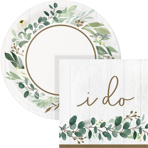 Eucalyptus plate and napkin with "i do" written on the napkin