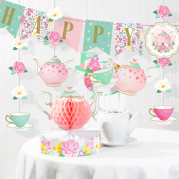 Floral Tea Party Party Supplies displayed on a table