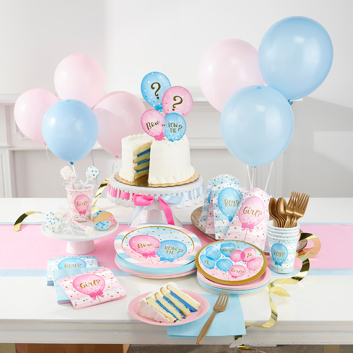 Gender Reveal Balloons Baby Shower Supplies on a table