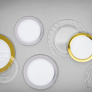 Gold, silver and clear plastic serving plates