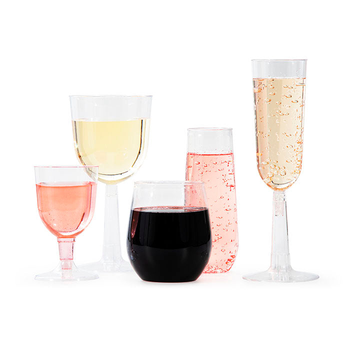 Various sizes and styles of plastic stemware