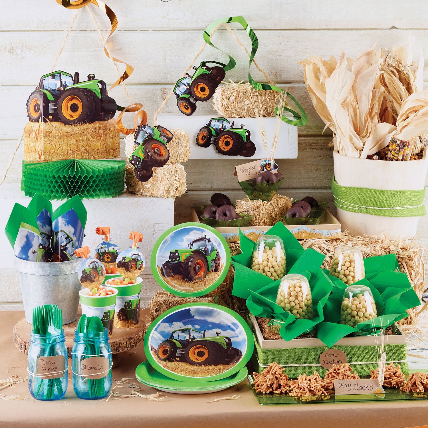 Tractor Time Party Supplies on a table