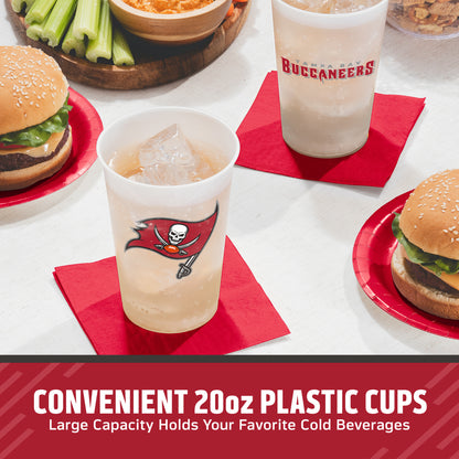 A set of Tampa Bay Buccaneers themed 20oz plastic cups shown with red napkins and burgers on a table, with a text banner at the bottom.