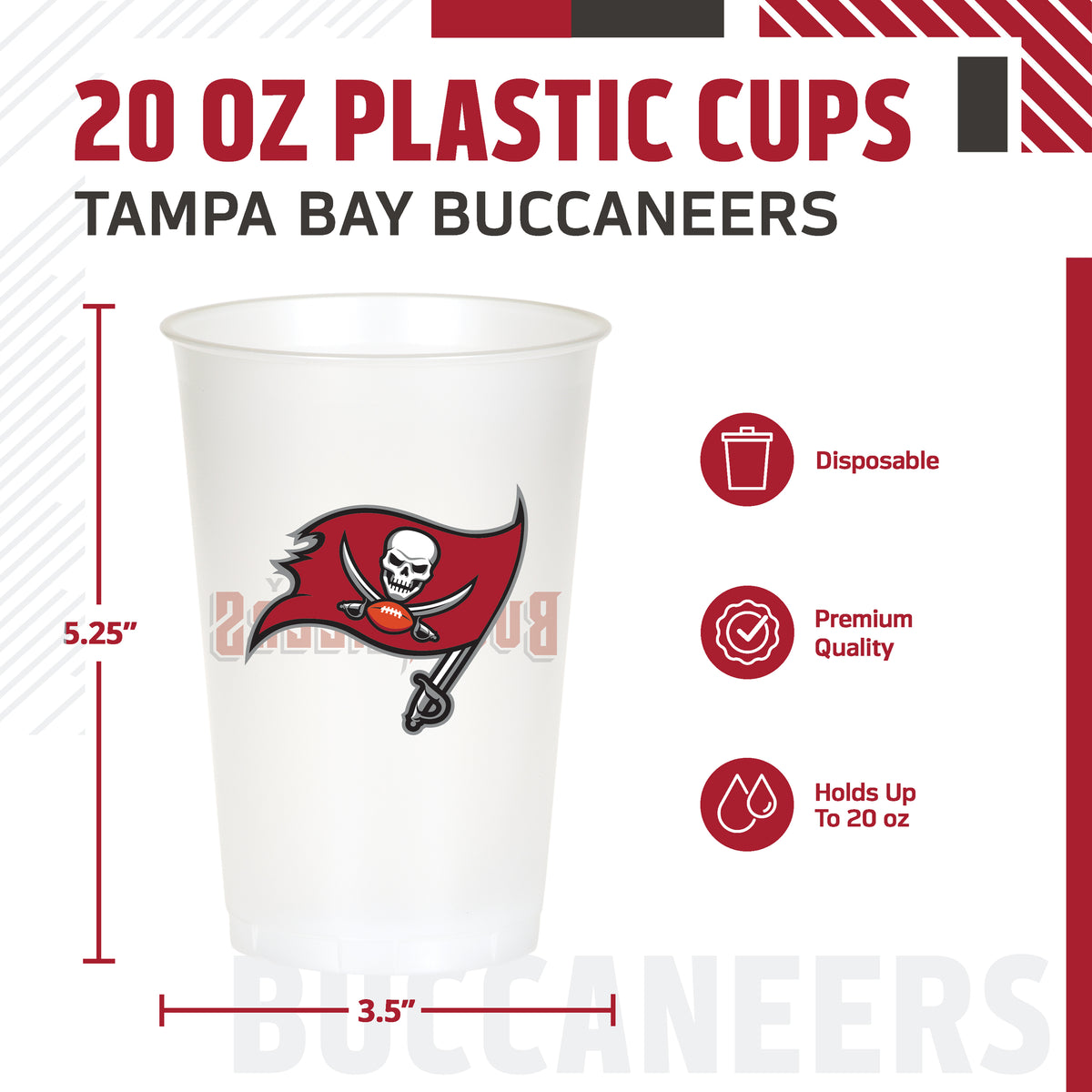 A 20 oz plastic cup featuring the Tampa Bay Buccaneers logo, shown with dimension lines indicating 5.25 inches in height and 3.5 inches in width.