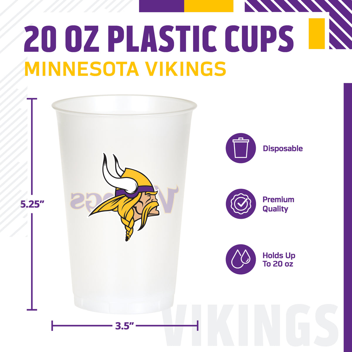 A 20 oz plastic cup featuring the Minnesota Vikings logo, shown on a white background with purple and yellow text and dimension lines indicating 5.25 inches in height and 3.5 inches at the base of the cup
