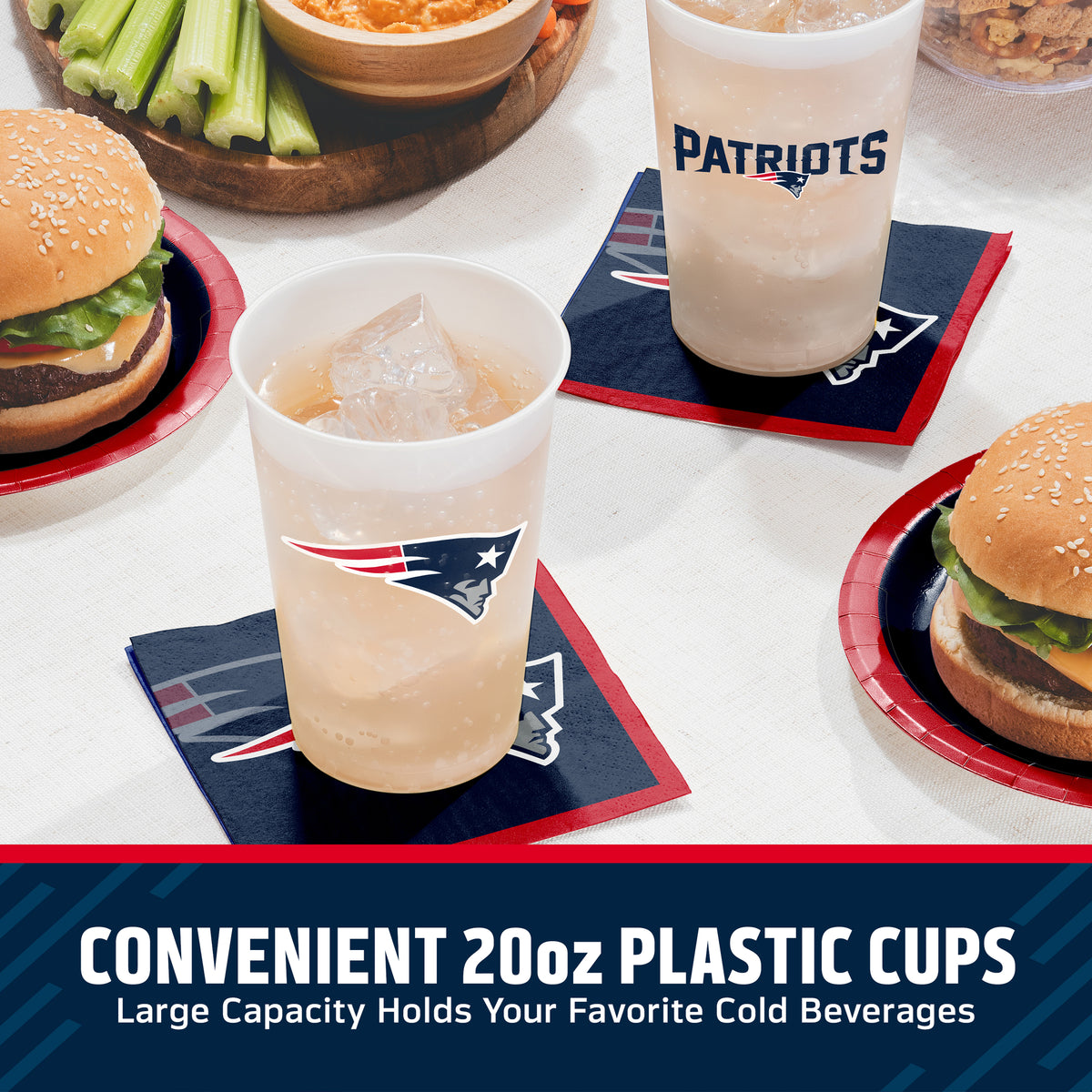 Two 20oz plastic cups with New England Patriots logos, shown on navy and red coasters at a table with burgers, celery, and bowls. Text at the bottom reads 'CONVENIENT 20oz PLASTIC CUPS Large Capacity Holds Your Favorite Cold Beverages'.