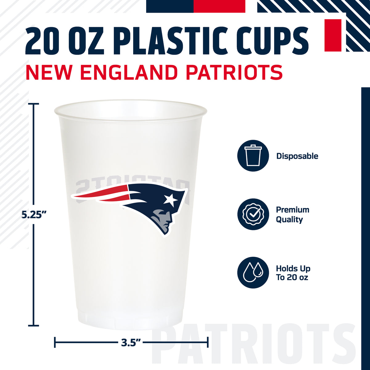 A 20 oz disposable plastic cup with the New England Patriots logo, shown on a white background with dimension lines indicating 5.25 inches tall by 3.5 inches wide