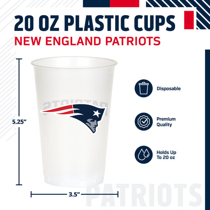 A 20 oz disposable plastic cup with the New England Patriots logo, shown on a white background with dimension lines indicating 5.25 inches tall by 3.5 inches wide