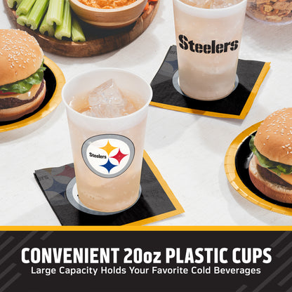 Two Pittsburgh Steelers branded 20oz plastic cups with black napkins, shown on a table with burgers, celery, and bowls of food. Text at the bottom reads 'CONVENIENT 20oz PLASTIC CUPS Large Capacity Holds Your Favorite Cold Beverages'.