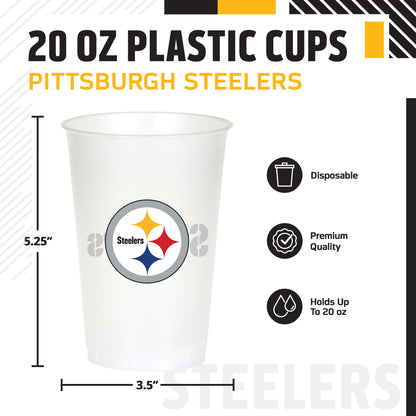 A 20 oz white plastic cup with the Pittsburgh Steelers logo, shown on a white background with printed dimensions (5.25 inches tall by 3.5 inches wide).