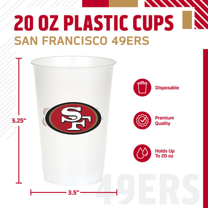 A white 20 oz plastic cup with the San Francisco 49ers logo, shown on a white background with red and gold text and dimension lines indicating 5.25 inches tall by 3.5" wide.