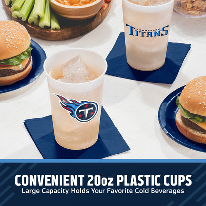 Two clear 20oz plastic cups with Tennessee Titans logos are shown on a table with burgers, celery, and napkins. Text at the bottom reads 'CONVENIENT 20oz PLASTIC CUPS Large Capacity Holds Your Favorite Cold Beverages.