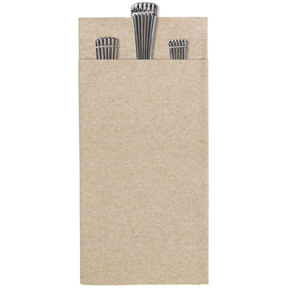 Light brown quickset napkin with metal cutlery on a white background