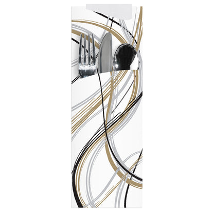 Paper cutlery pouch with abstract design with cutlery inside on a white background