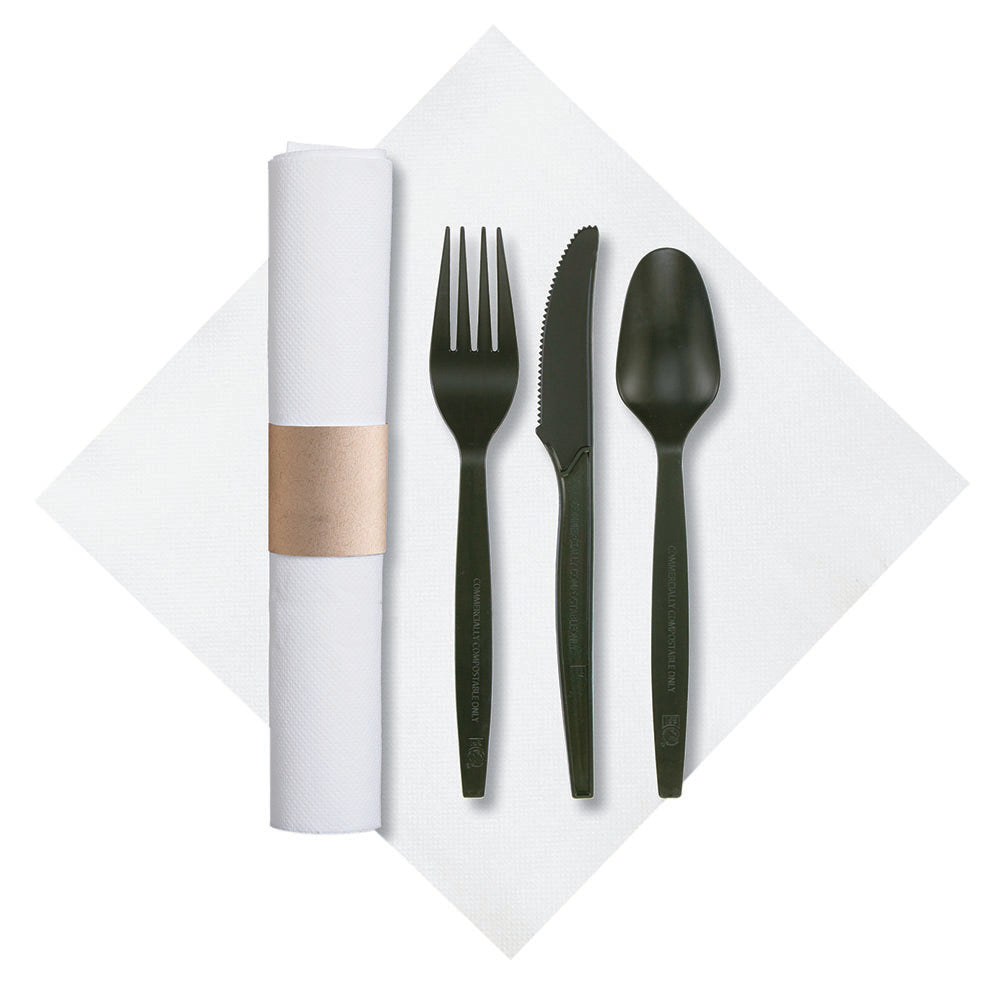 7.75" x 7.75" Pre-rolled FashnPoint Kraft CaterWrap White Dinner Napkins with Black Cutlery 50 ct