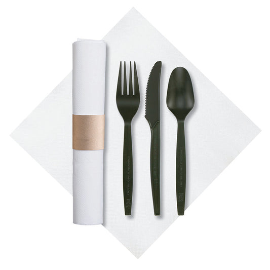 7.75" x 7.75" Pre-rolled FashnPoint Kraft CaterWrap White Dinner Napkins with Black Cutlery 50 ct