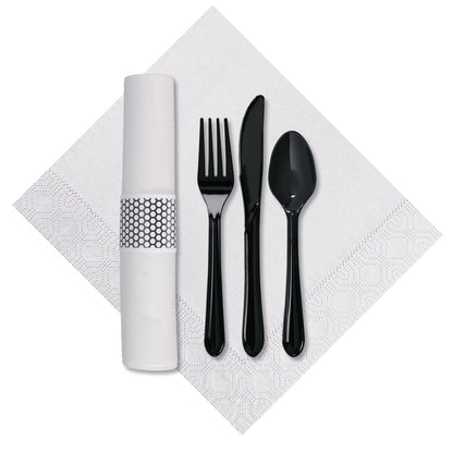 Black cutlery set on a white napkin with a white and black hexagon desig napkin holder.