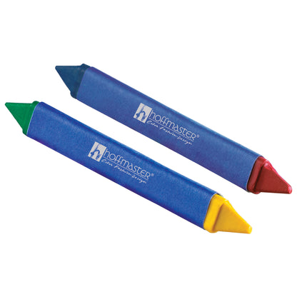 Two colorful 2-sided crayons with different colors on each end on a white background, featuring the Hoffmaster logo.