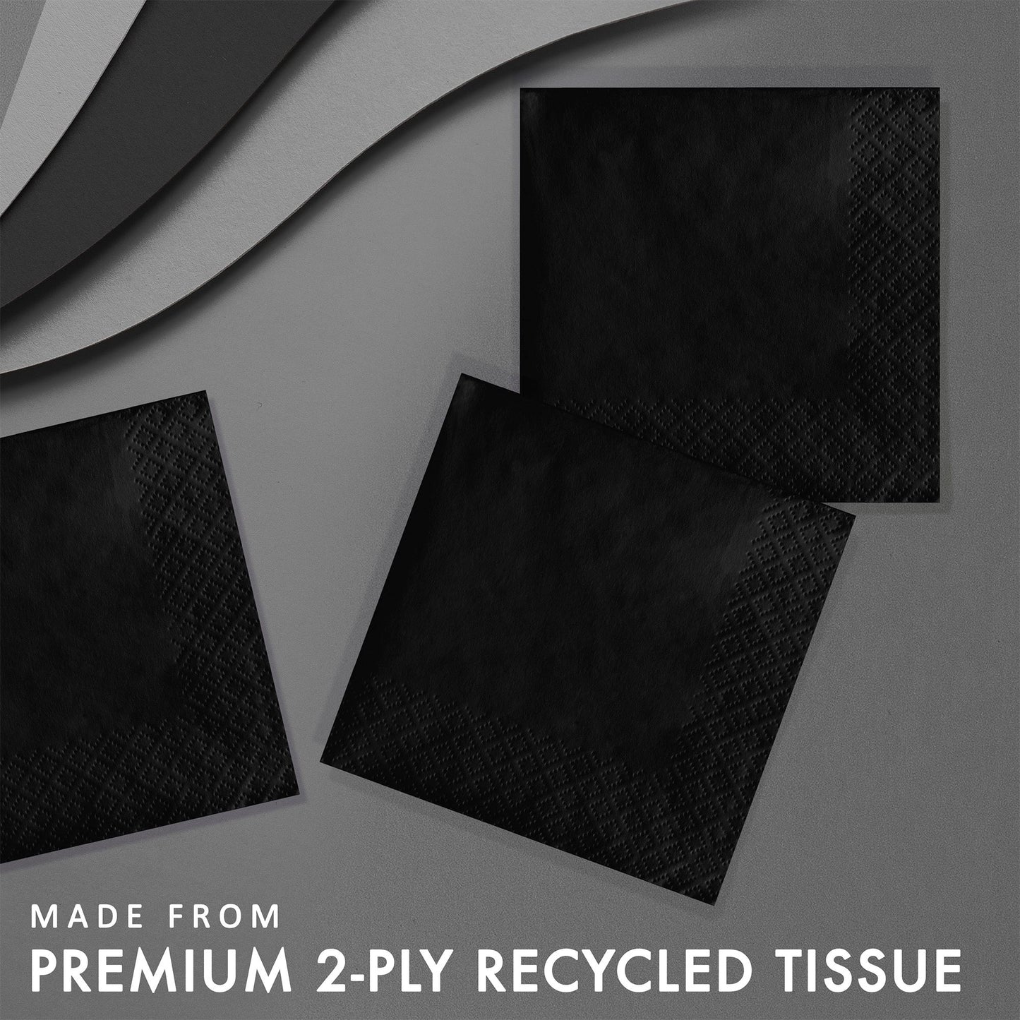 Black tissue paper on a gray background with text 'Made from Premium 2-ply Recycled Tissue'.