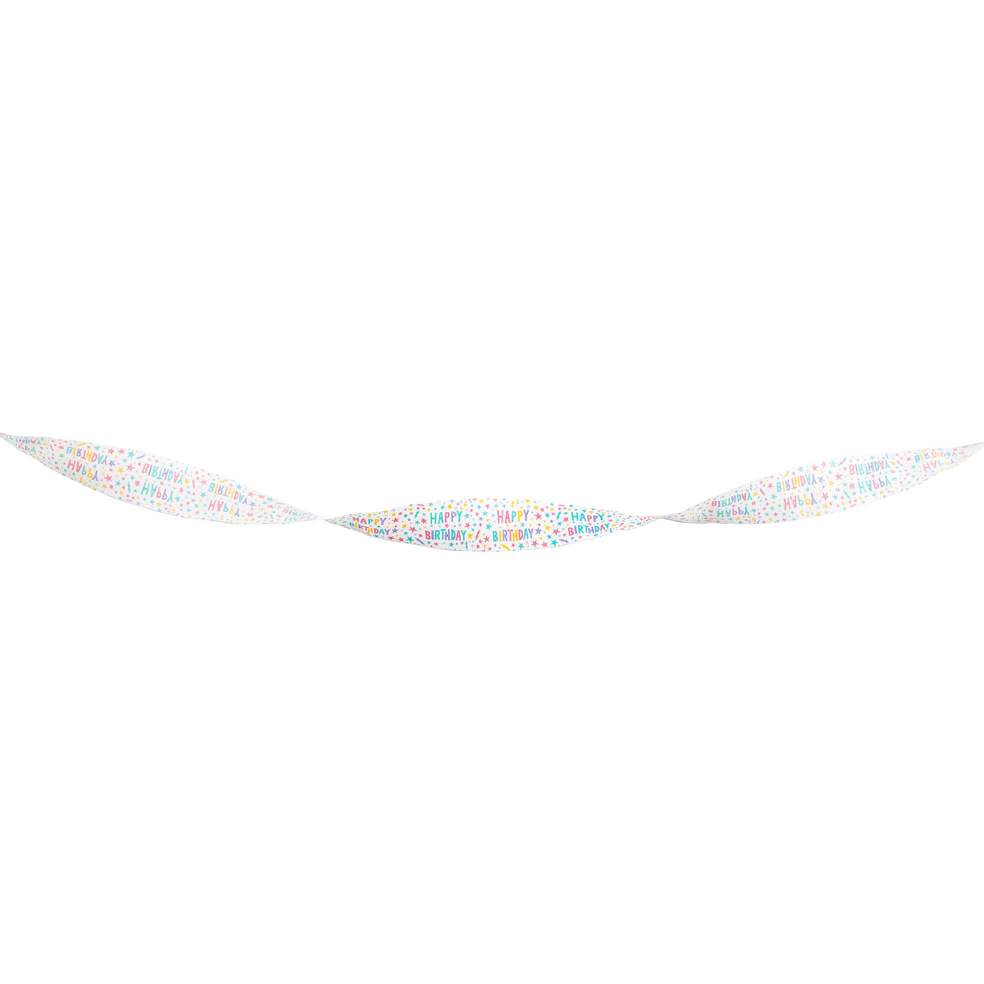 White crepe streamer with multicolored "Happy Birthday" and stars on a white background