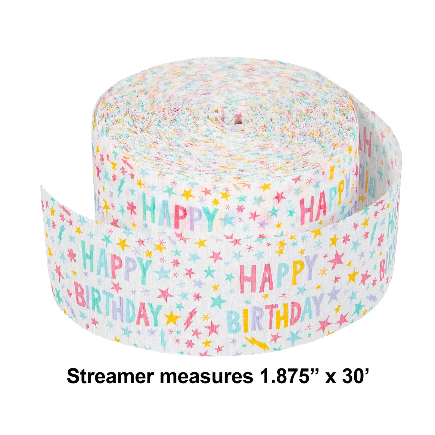 White crepe streamer with multicolored "Happy Birthday" and stars. Measurements included.