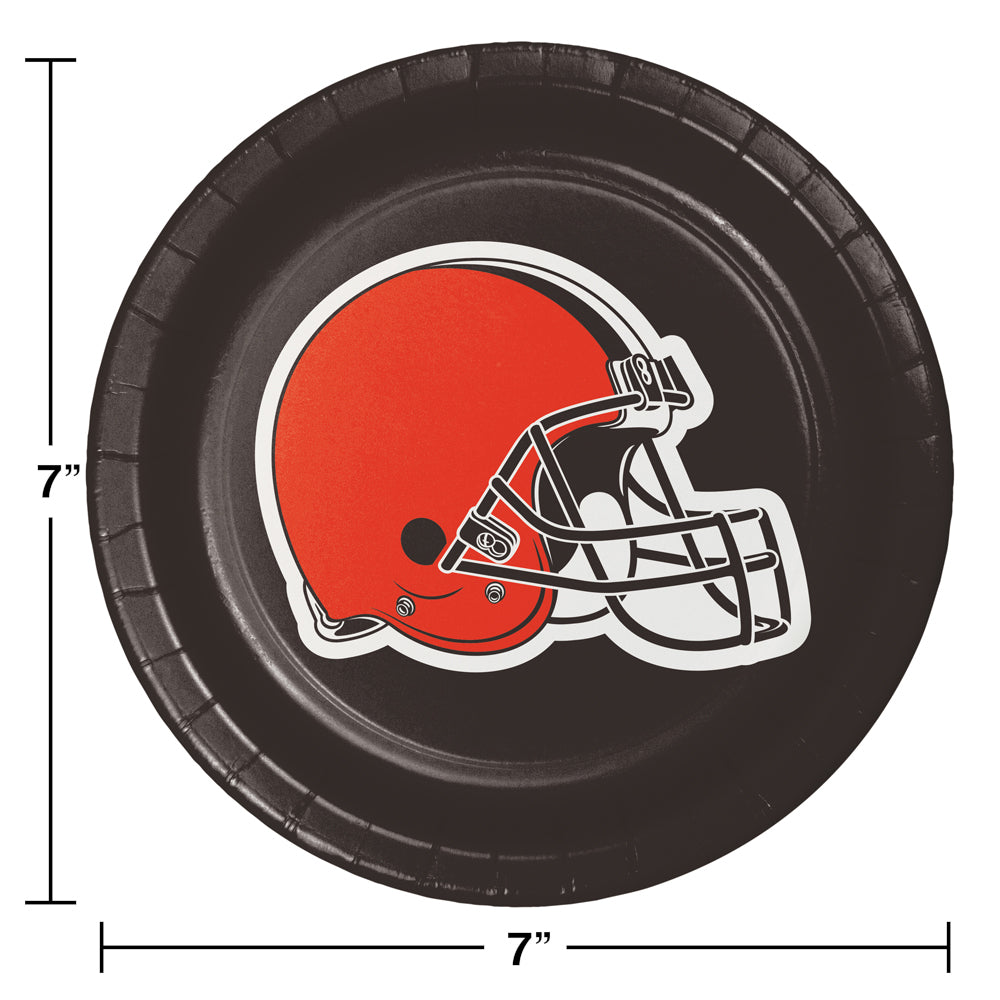 Brown paper plate with an orange football helmet design on a white background. Dimensions indicated.