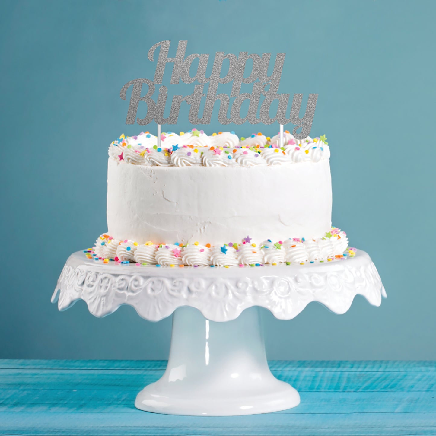 Silver Glitter Happy Birthday Cake Toppers 12 ct