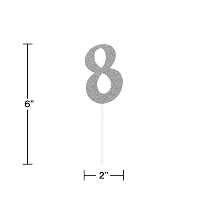Number 8 Silver Glitter Cake Toppers 12 ct
