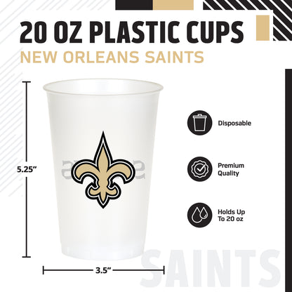 A 20 oz plastic cup featuring the New Orleans Saints fleur-de-lis logo, shown with dimension lines indicating 5.25 inches in height and 3.5 inches in width
