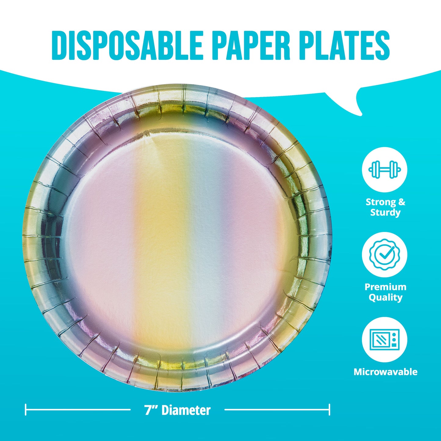 Iridescent dessert plate with shimmering colors of purple, pink, yellow, and blue on a blue background with infographics and dimensions