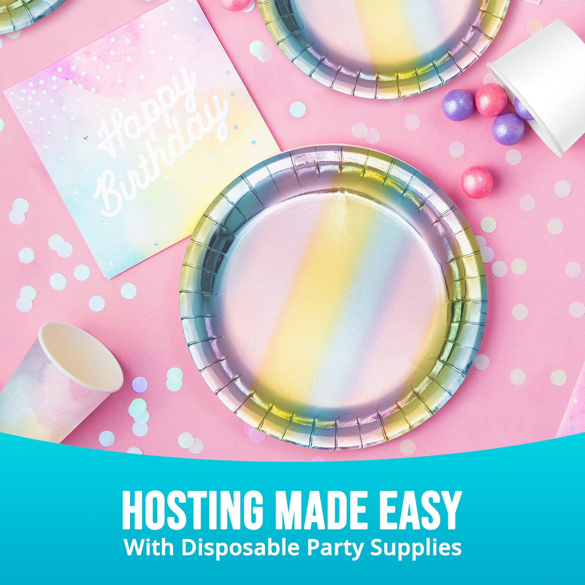 Iridescent dessert plate with shimmering colors of purple, pink, yellow, and blue on a pink background with napkin, cup and confetti