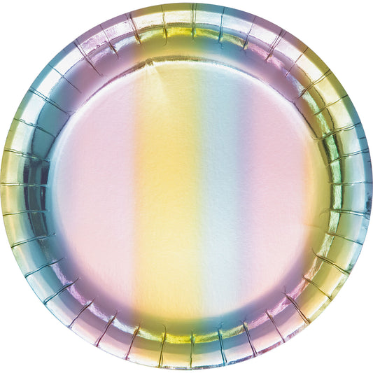 Iridescent dessert plate with shimmering colors of purple, pink, yellow, and blue on a white background