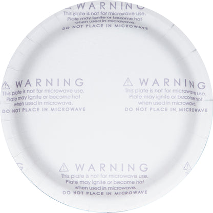 Dinner plate with warning label on the back saying "This plate is not for microwave use"