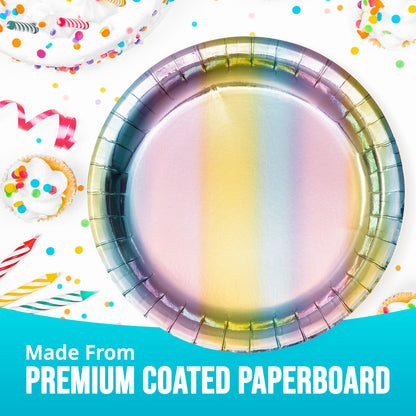 Iridescent dinner plate with shimmering colors of purple, pink, yellow, and blue on a white background with confetti, cake, and candles