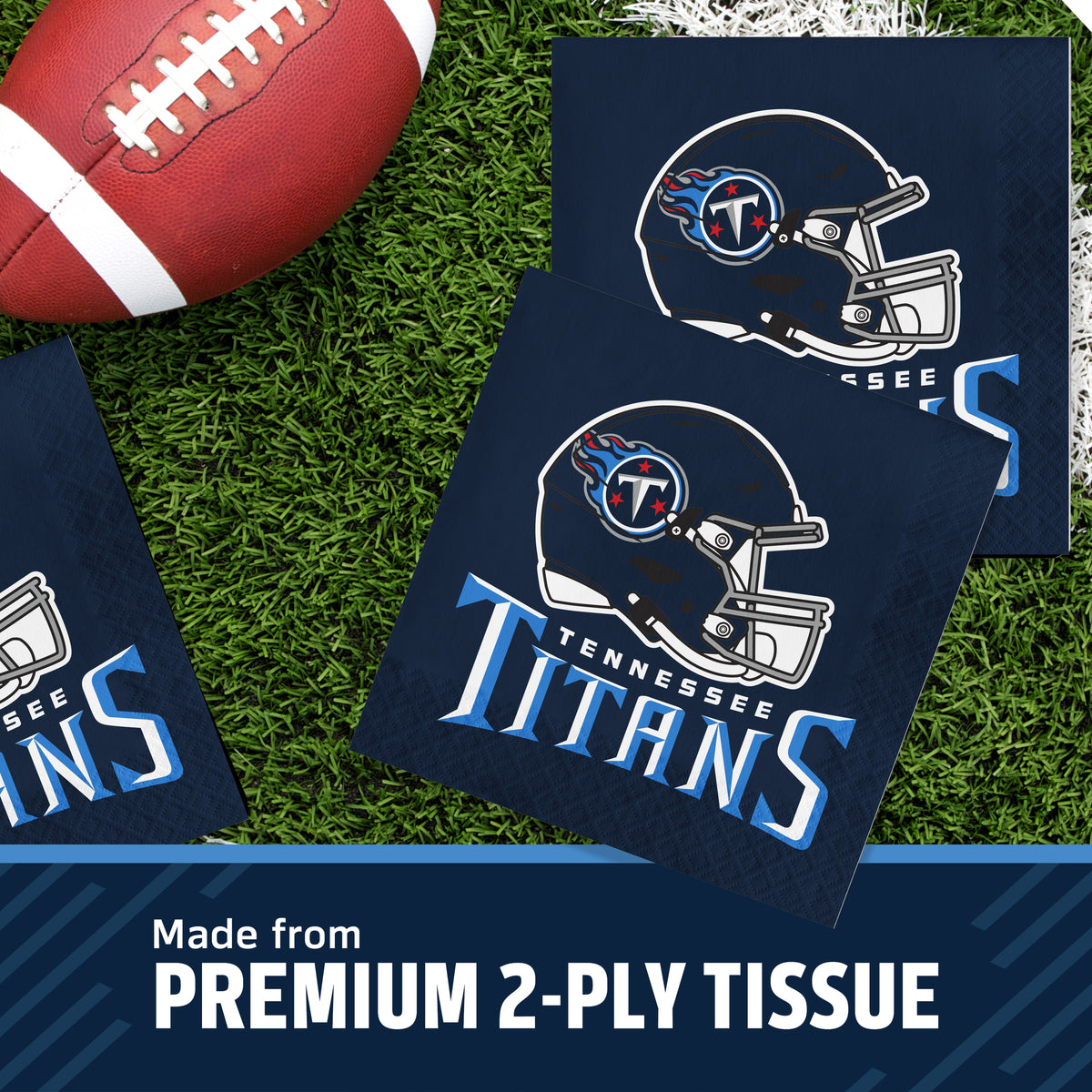 Tennessee Titans football-themed premium 2-ply tissue paper, shown in multiple sizes on a green turf background with a football prop. A dark blue banner at the bottom reads 'Made from PREMIUM 2-PLY TISSUE'.